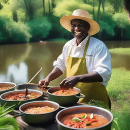 A vibrant scene of a person cooking delicious Cajun food on the Bayou