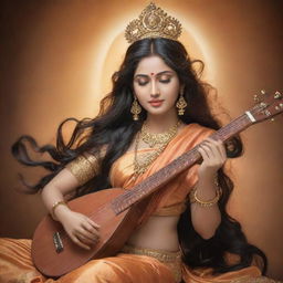 An enchanting portrait of Goddess Saraswati with dazzling beauty focusing on her exquisite hair and face, set amidst a majestic background.