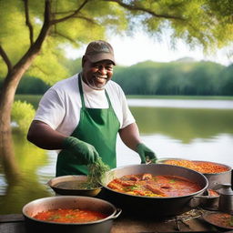 A vibrant scene of a person cooking delicious Cajun food on the Bayou