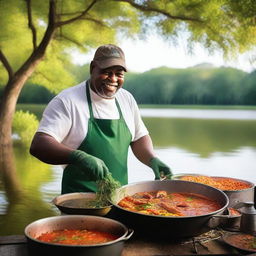 A vibrant scene of a person cooking delicious Cajun food on the Bayou