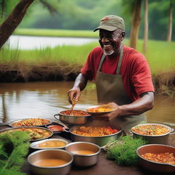 A vibrant scene of a person cooking delicious Cajun food on the Bayou