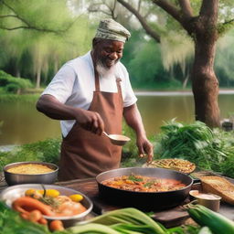 A vibrant scene of a person cooking delicious Cajun food on the Bayou