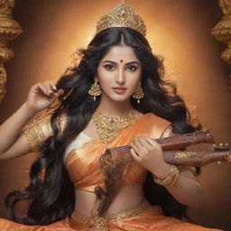 An enchanting portrait of Goddess Saraswati with dazzling beauty focusing on her exquisite hair and face, set amidst a majestic background.