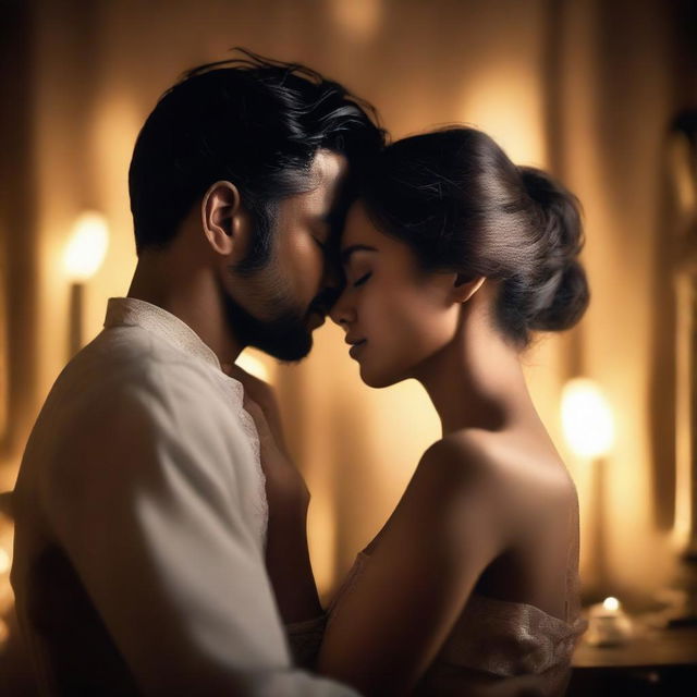 A sensual and intimate scene featuring two characters in a close embrace, with soft lighting and a romantic atmosphere