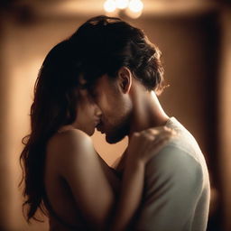 A sensual and intimate scene featuring two characters in a close embrace, with soft lighting and a romantic atmosphere