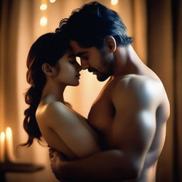 A sensual and intimate scene featuring two characters in a close embrace, with soft lighting and a romantic atmosphere