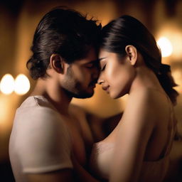 A sensual and intimate scene featuring two characters in a close embrace, with soft lighting and a romantic atmosphere