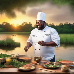 A lively scene of a chef cooking a delicious meal on the bayou