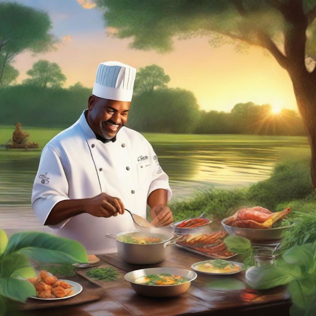 A lively scene of a chef cooking a delicious meal on the bayou