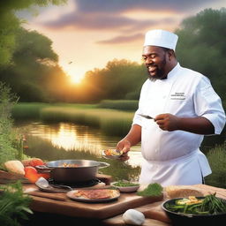 A lively scene of a chef cooking a delicious meal on the bayou