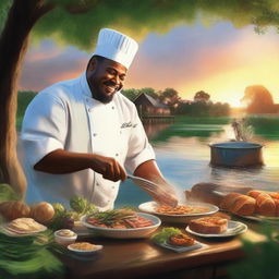 A lively scene of a chef cooking a delicious meal on the bayou