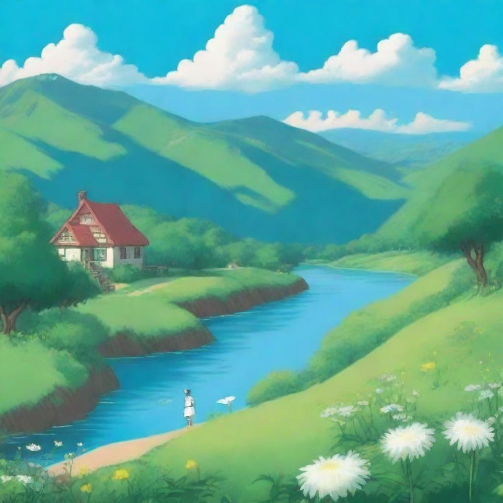 A beautiful and serene landscape in the style of Studio Ghibli