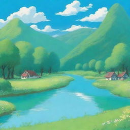 A beautiful and serene landscape in the style of Studio Ghibli