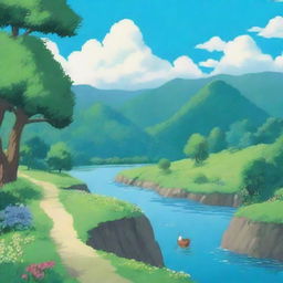 A beautiful and serene landscape in the style of Studio Ghibli