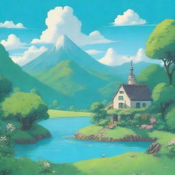 A beautiful and serene landscape in the style of Studio Ghibli