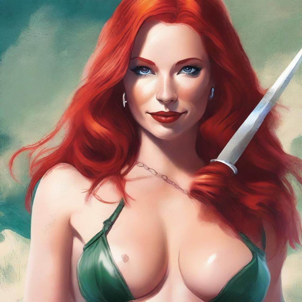 Create a book cover featuring a woman with red hair, dressed in a bikini