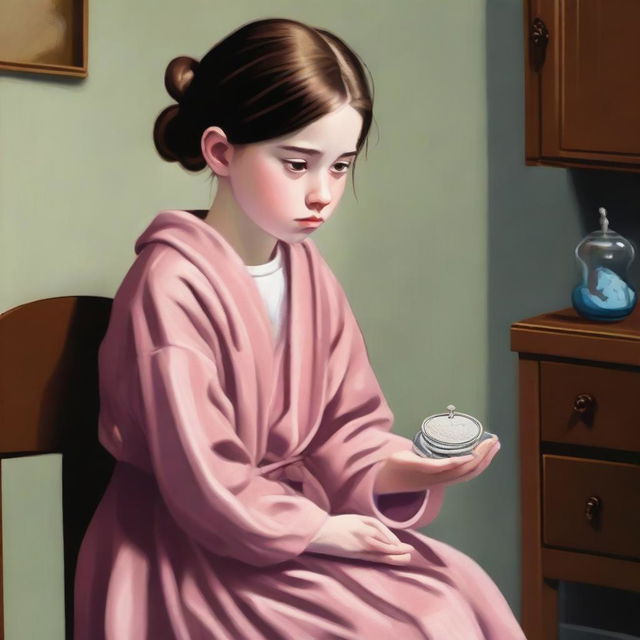 A young girl wearing a robe, looking worried as she holds a coin purse