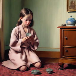 A young girl wearing a robe, looking worried as she holds a coin purse