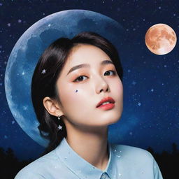 A Kpop album cover with a starry night sky and a glowing moon, mixed with elements of pop art and cosmic aesthetics.