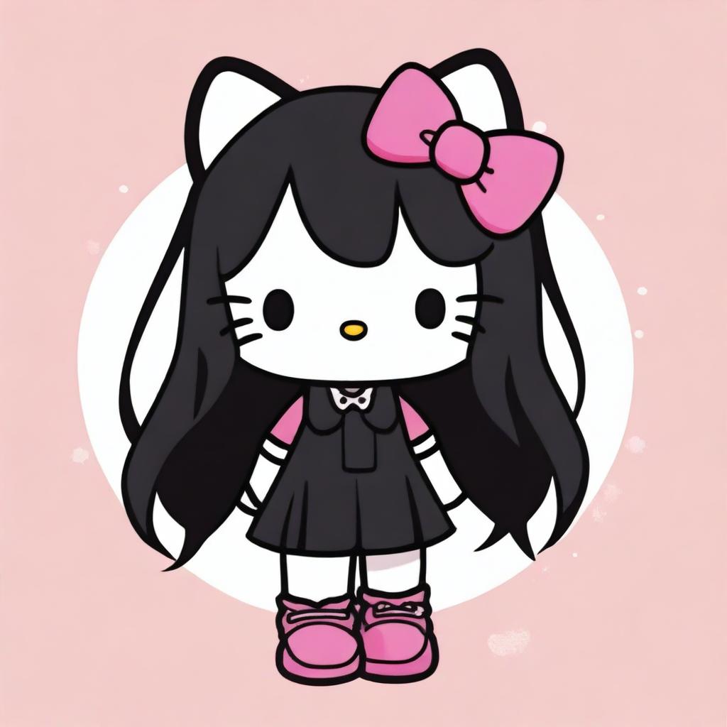 An illustration of Hello Kitty wearing black clothing and having long hair