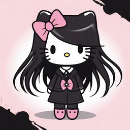 An illustration of Hello Kitty wearing black clothing and having long hair