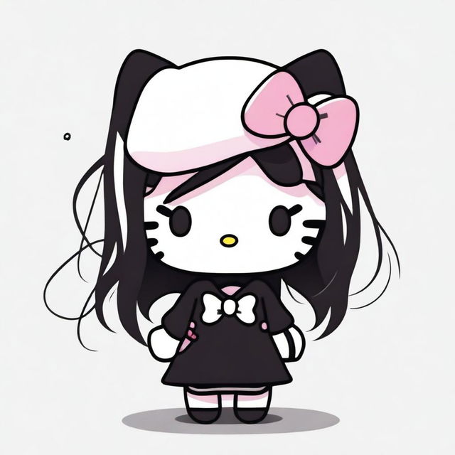 An illustration of Hello Kitty wearing black clothing and having long hair