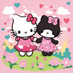 A cute scene featuring Hello Kitty with her friend Kuromi