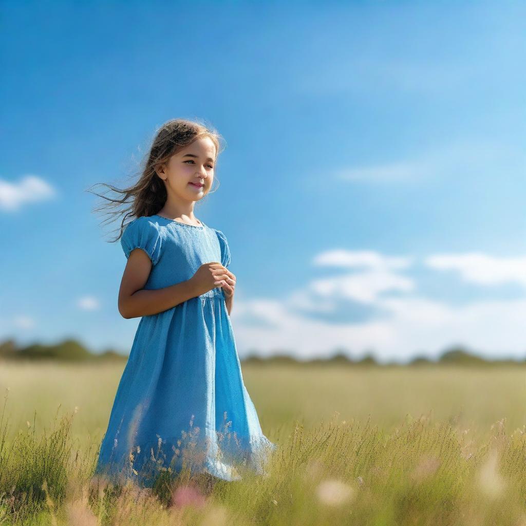 A serene image of a girl wearing a blue dress, standing in a peaceful meadow with a clear blue sky