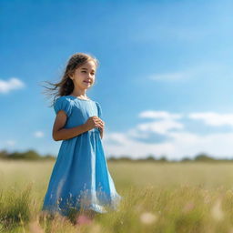 A serene image of a girl wearing a blue dress, standing in a peaceful meadow with a clear blue sky