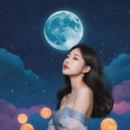 A Kpop album cover with a starry night sky and a glowing moon, mixed with elements of pop art and cosmic aesthetics.