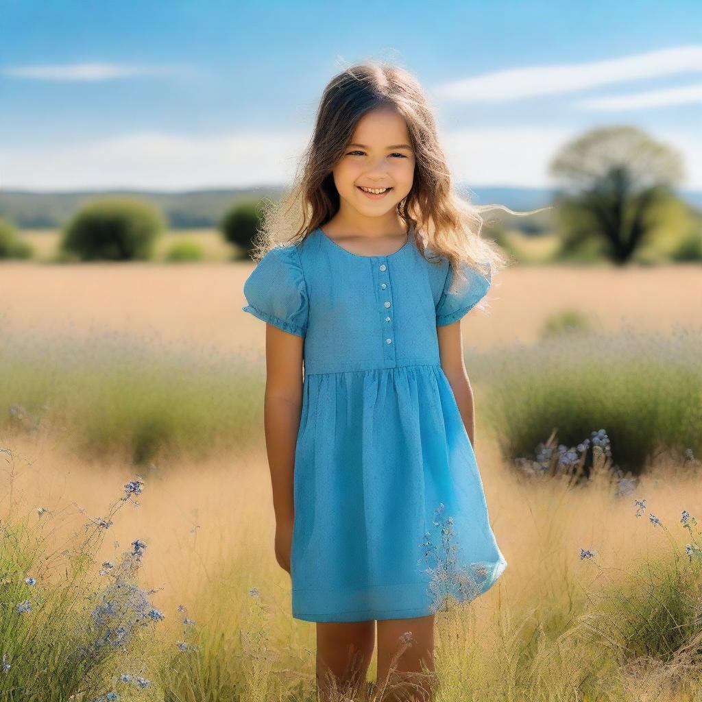 A serene image of a girl wearing a blue dress, standing in a peaceful meadow with a clear blue sky