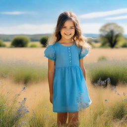 A serene image of a girl wearing a blue dress, standing in a peaceful meadow with a clear blue sky