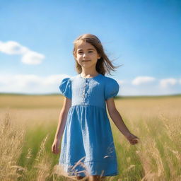 A serene image of a girl wearing a blue dress, standing in a peaceful meadow with a clear blue sky