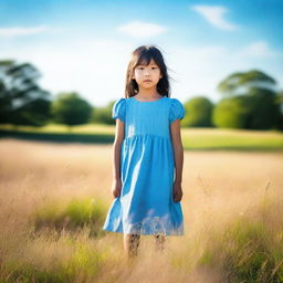 A serene image of a girl wearing a blue dress, standing in a peaceful meadow with a clear blue sky