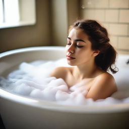 A tasteful and artistic image of a girl relaxing in a bubble bath