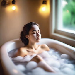 A tasteful and artistic image of a girl relaxing in a bubble bath