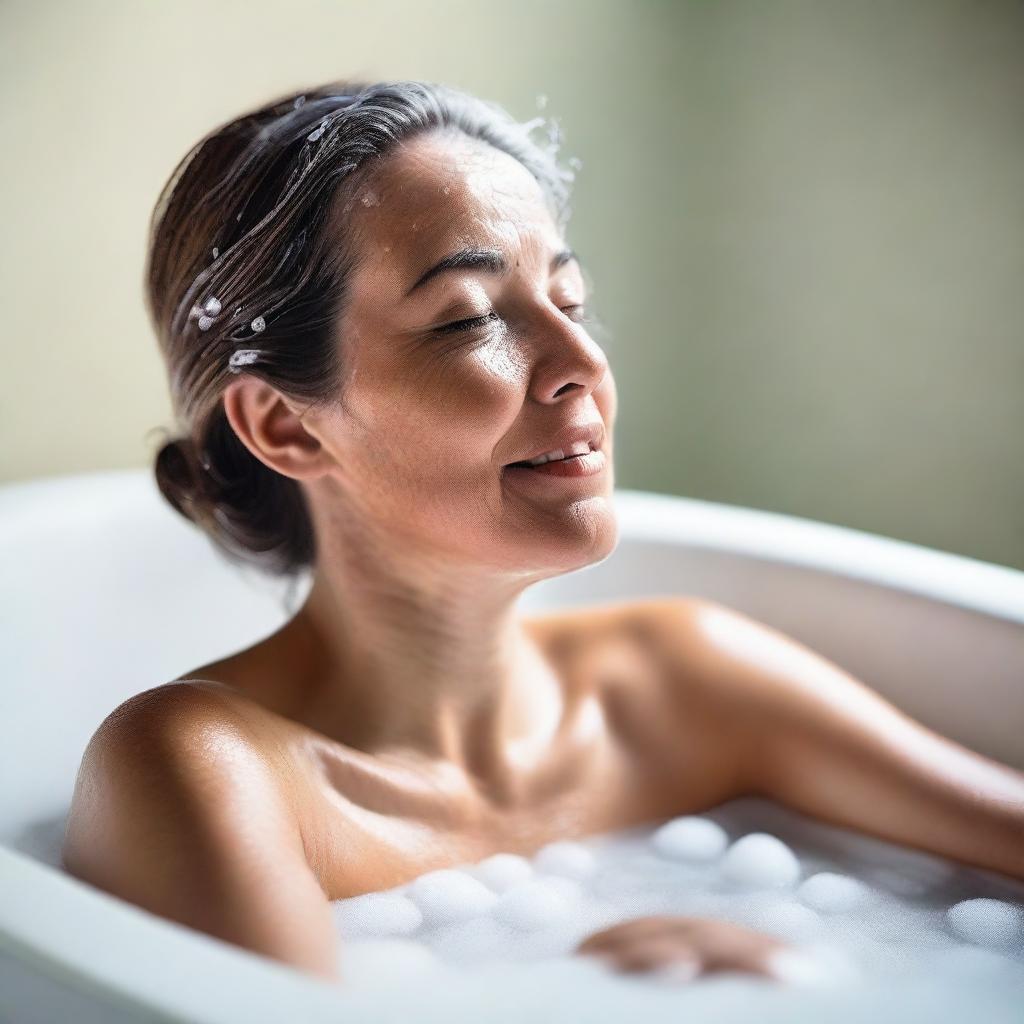 A mature and tasteful image of a girl washing her body in a bubble bath