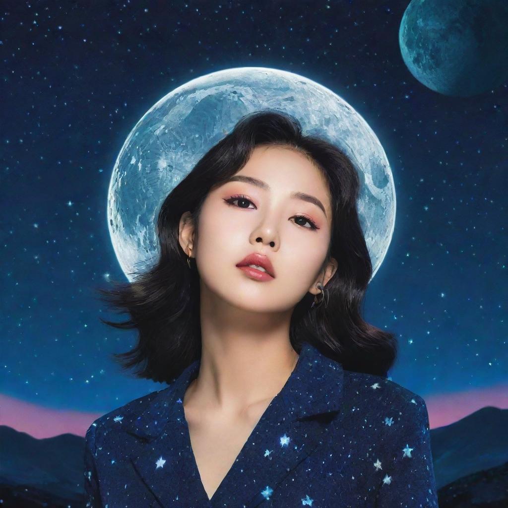 A Kpop album cover with a starry night sky and a glowing moon, mixed with elements of pop art and cosmic aesthetics.