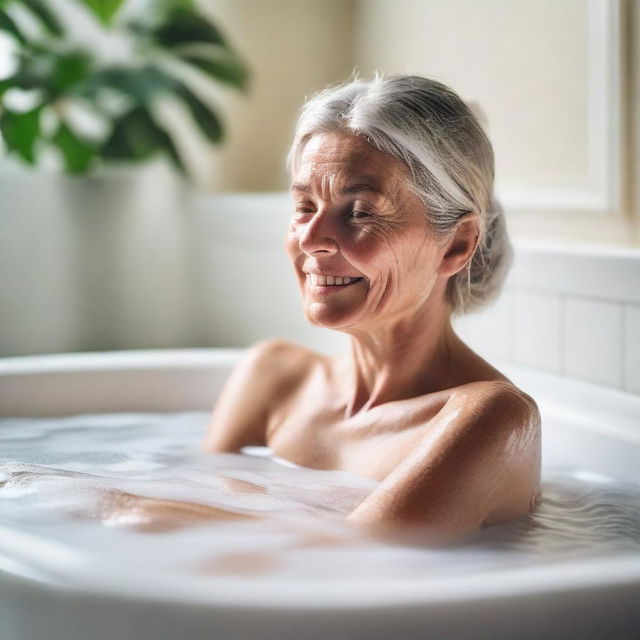 A mature and tasteful image of a girl washing her body in a bubble bath