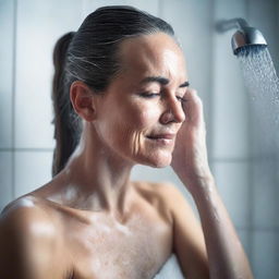 A mature and tasteful image of a girl washing her body in a shower