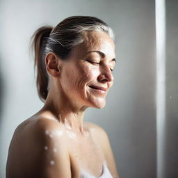 A mature and tasteful image of a girl washing her body in a shower