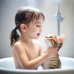 A heartwarming and cute image of a young girl in a shower gently washing her cat