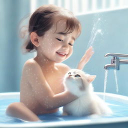 A heartwarming and cute image of a young girl in a shower gently washing her cat