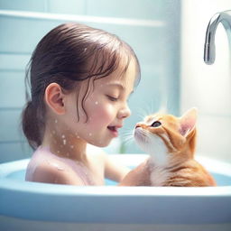 A heartwarming and cute image of a young girl in a shower gently washing her cat