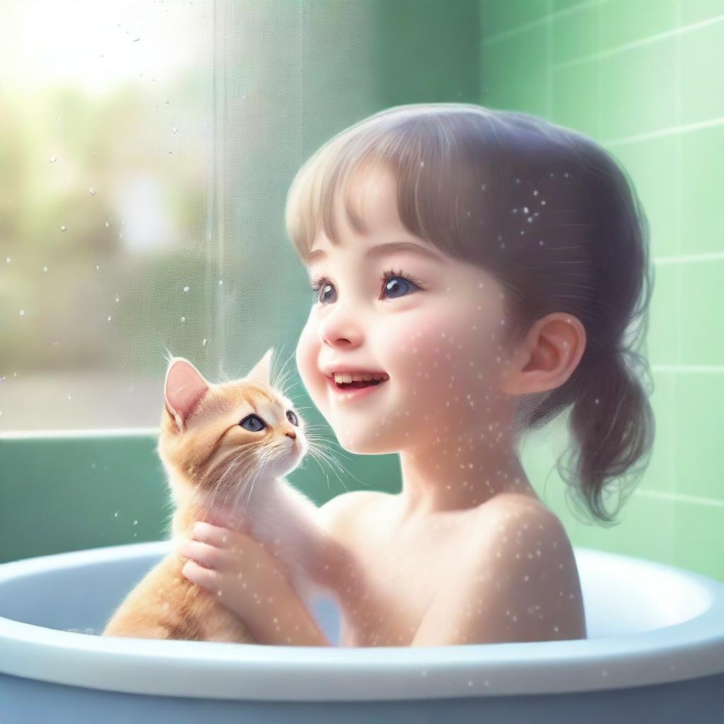 A heartwarming and cute image of a young girl in a shower gently washing her cat