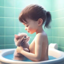 A heartwarming and cute image of a young girl in a shower gently washing her cat