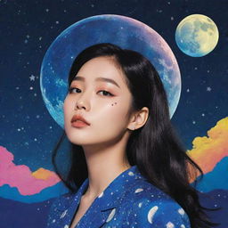 A Kpop album cover with a starry night sky and a glowing moon, mixed with elements of pop art and cosmic aesthetics.