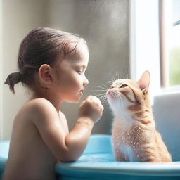 A heartwarming and cute image of a young girl in a shower gently washing her cat