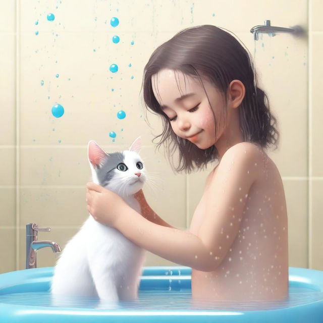 A heartwarming and cute image of a young girl in a shower gently washing her cat