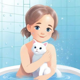A heartwarming and cute image of a young girl in a shower gently washing her cat